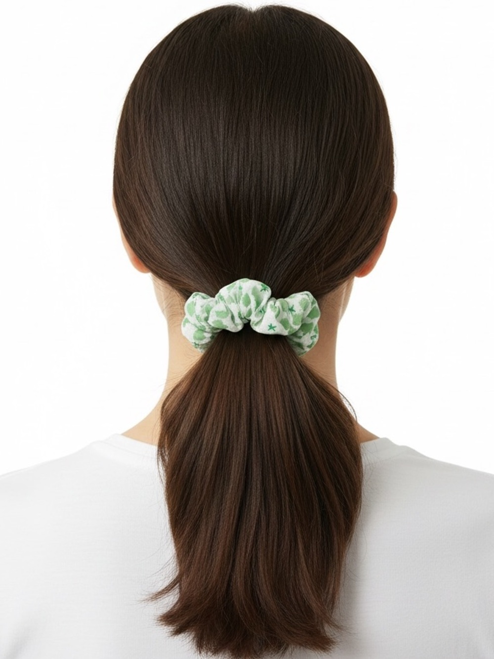 Lime Green Wild Flower Floral White Semi Sheer Chiffon Ponytail Holder Scrunchie